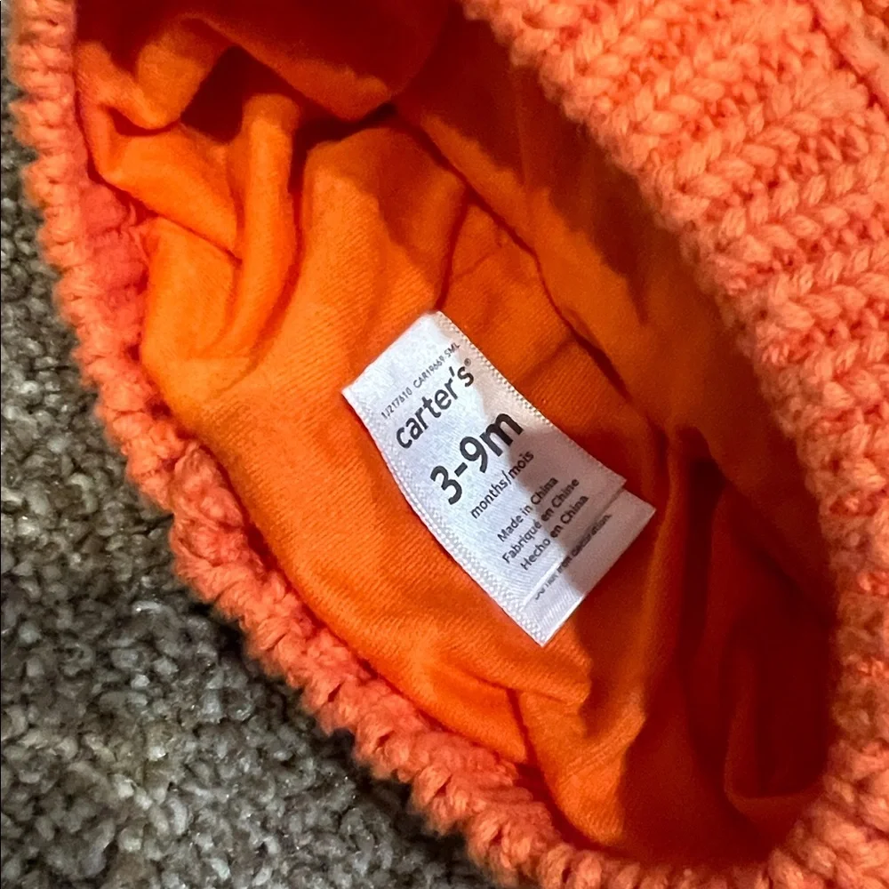 CARTER’S Pumpkin Orange Knit Baby Beanie Cotton Lined 3-9 Months